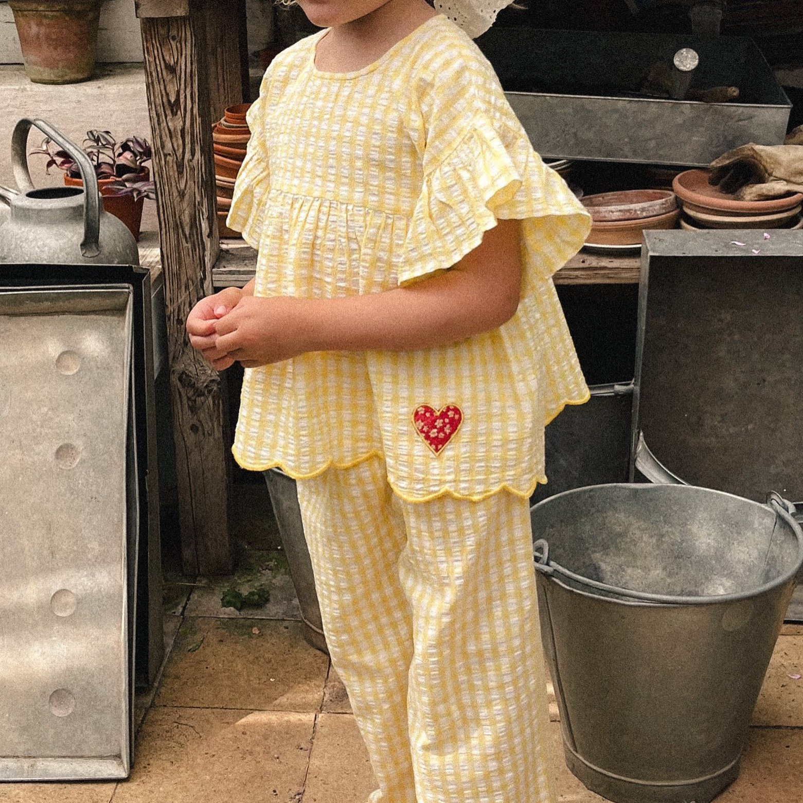 Summer Nordic-style Ruffle-sleeve Yellow Plaid Loose Short-sleeve Kids Set