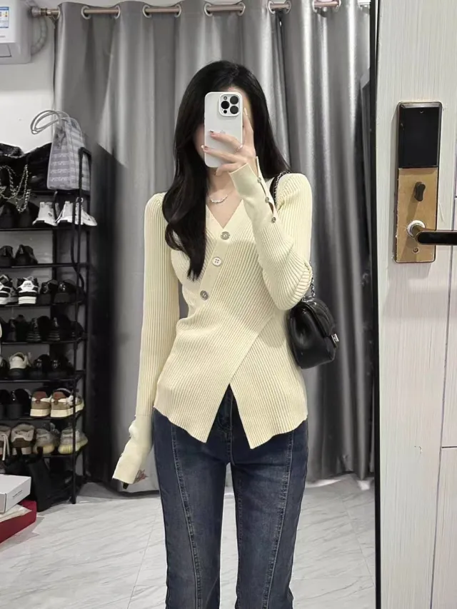 V neck Pullover Design Sense Slimming Inner Autumn Sweater Apricot - Shop at LoveMi