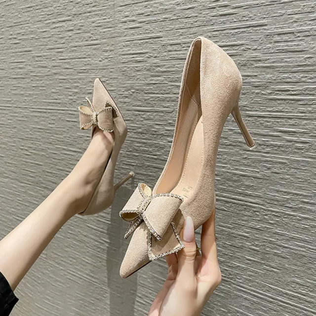 Women's Korean style Bowknot Shoes Stiletto Low cut High Heel Apricot - Shop at LoveMi