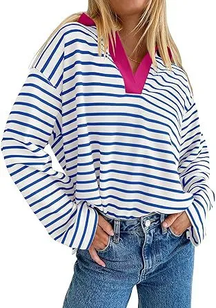 Casual Long Sleeve Color Matching Neckline Embroidered Pullover Sweatshirt Rose Red - Shop at LoveMi