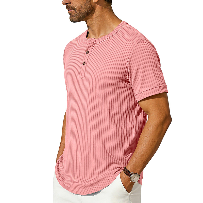 Summer New Men's Henley-Neck Ribbed T-Shirt