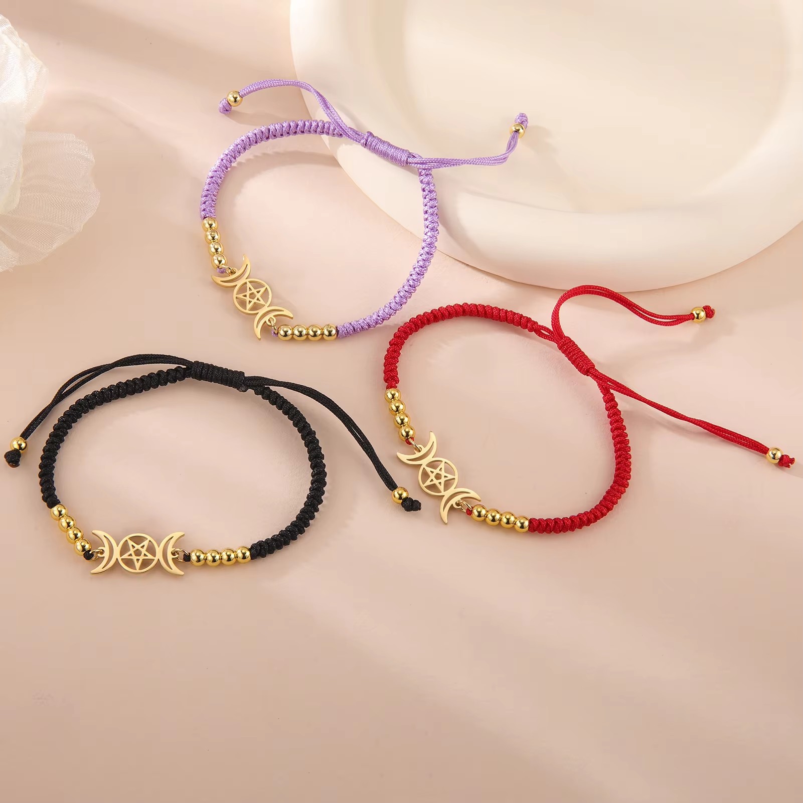 Oțel inoxidabil Triple Moon Goddess Charm Bracelet Double Moon Pentagram Wicca Rope Jewelry Gift For Women