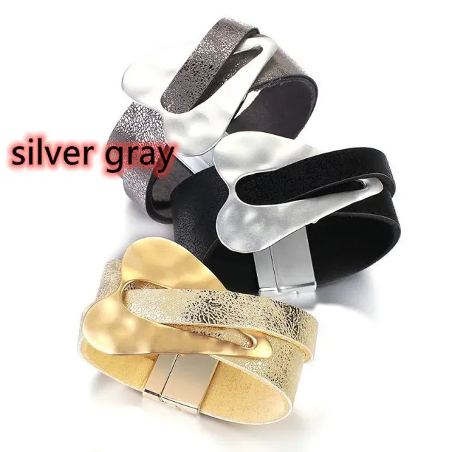 Fashion Leather Alloy Magnetic Buckle Ladies' Bracelet Silver Gray - Shop at LoveMi