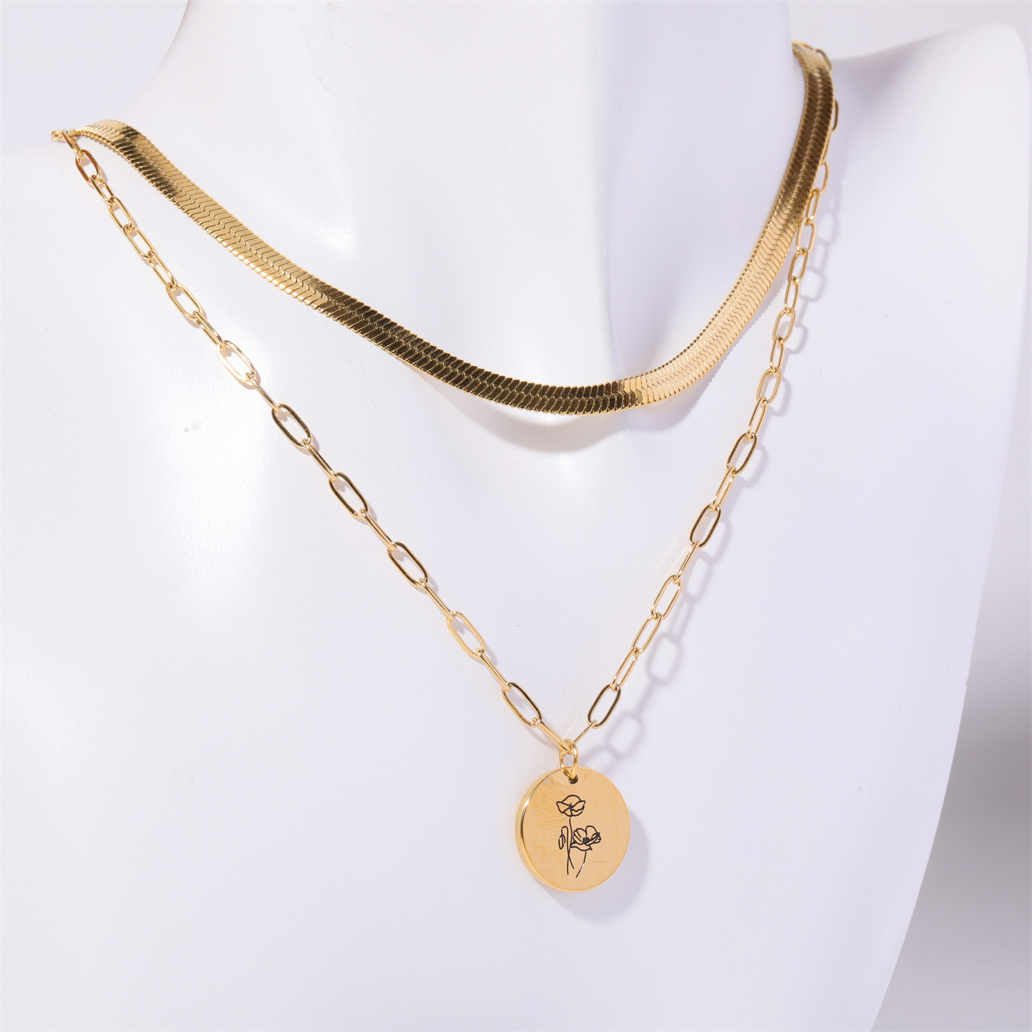 Cold Wind 18K Gold Plating Disc Double-layer December Flower Necklace