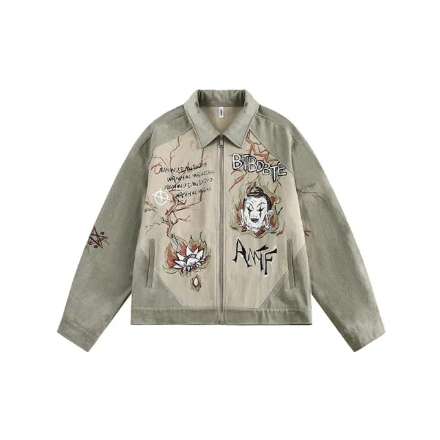 Retro Alphabet Graffiti Stitching Jacket Loose fitting Coat Top Green - Shop at LoveMi