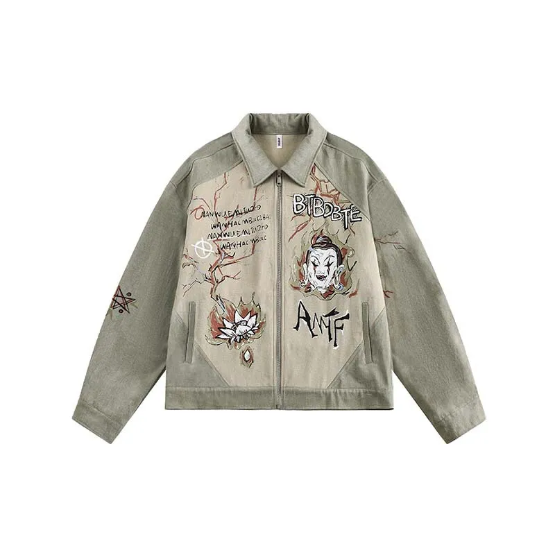 Retro Alphabet Graffiti Stitching Jacket Loose-fitting Coat Top - Green