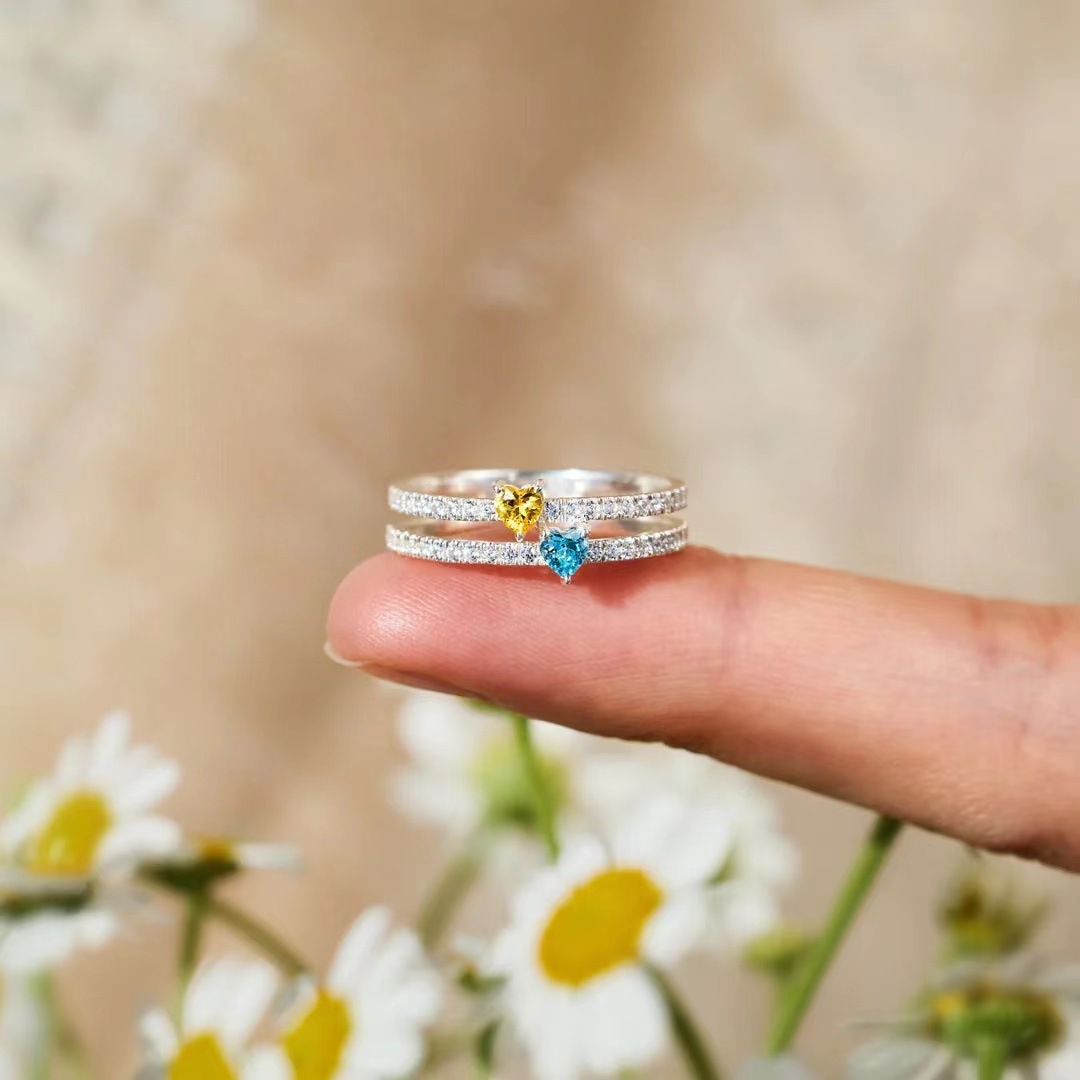 S925 Sterling Silver Double Love Birthday Stone Zircon Ring