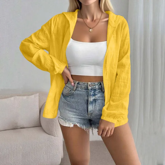 Women's Solid Color Jacquard Long Sleeve Cardigan Top Yellow - Shop at LoveMi