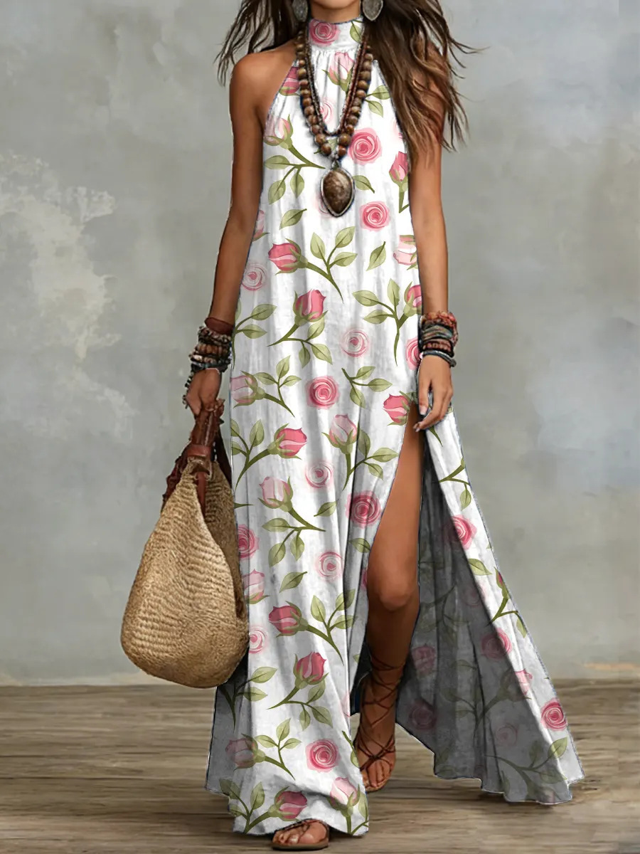 Women's Sleeveless Split Maxi Dress in Leopard Print – bold elegant party dress