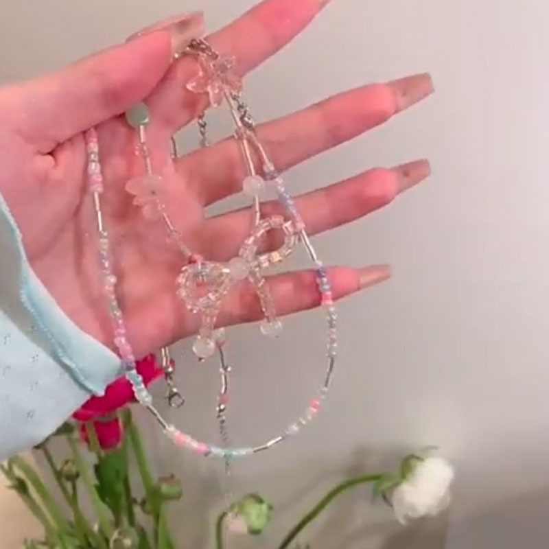 Color Bow Beaded Necklace Female Flower Short Pearl Necklace