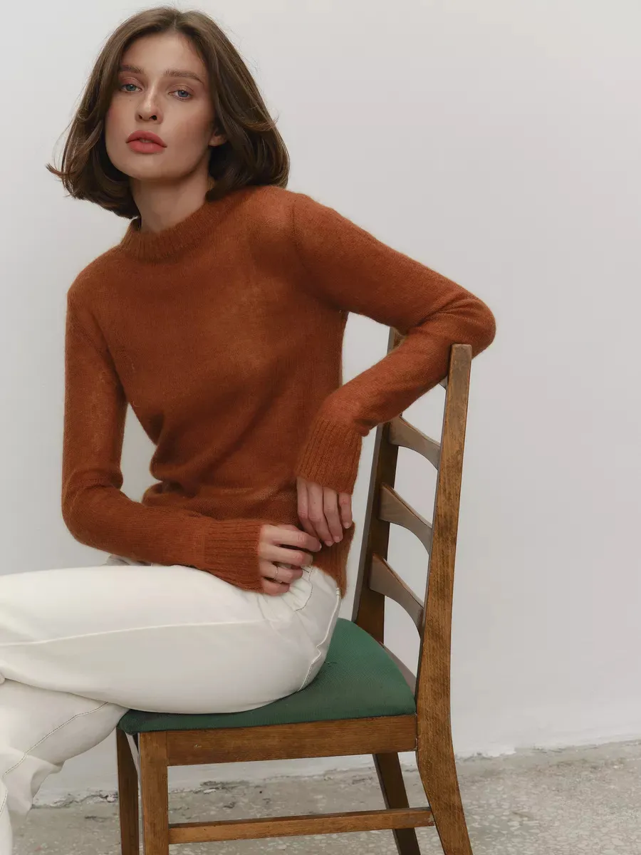 Sweater Blouse Women's Round Neck European And American Style See-through - Caramel