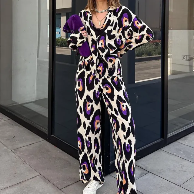 Women's Fashion Casual Printing Suit Collar Short Long Sleeve Top High Waist Wide Leg Pants Picture Color S - Shop at LoveMi