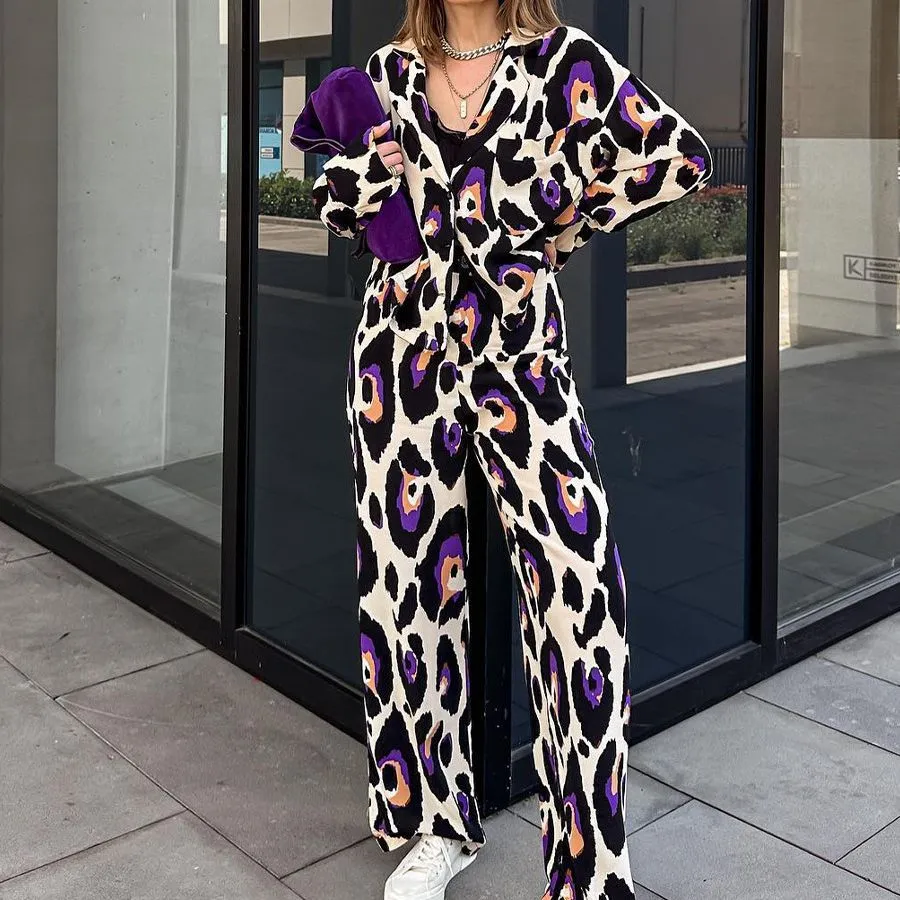 Women's Fashion Casual Printing Suit Collar Short Long Sleeve Top High Waist Wide Leg Pants - Picture Colour-S