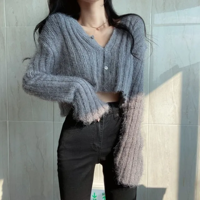 Women's V neck Long Sleeve Knitted Cardigan Short Sweater Gray - Shop at LoveMi