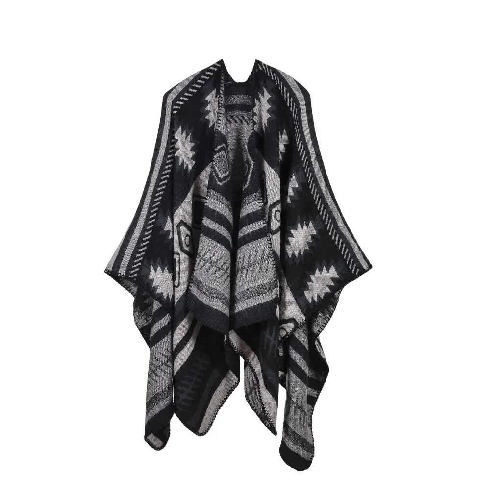 Geometric Puzzle Cloak Thicken And Lengthen Warm Air Conditioning Shawl Travel Blanket - Black, White And Gray