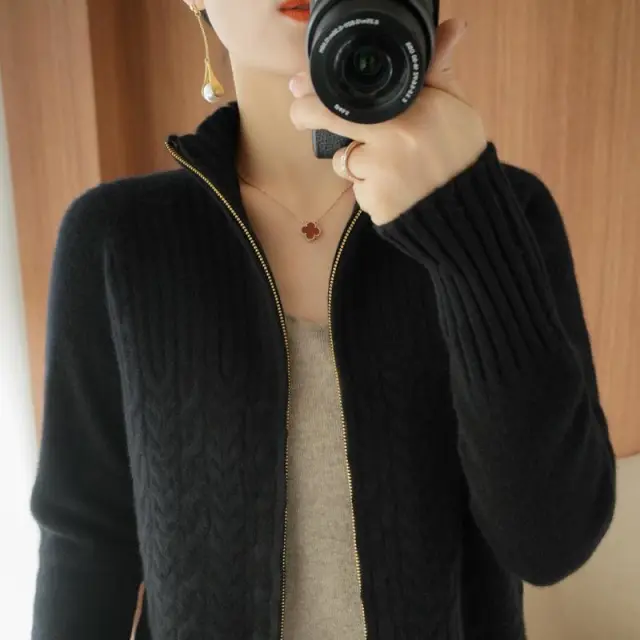 Zipper Sweater Coat Women's Knitted Cardigan Short Stand Collar Loose Black - Shop at LoveMi