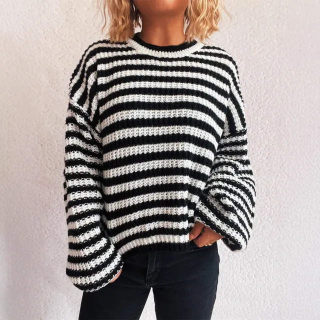 Autumn And Winter New Vintage Stripe Knitted Top Round Neck Long Sleeve Loose Pullover Sweater For Women Black - Shop at LoveMi