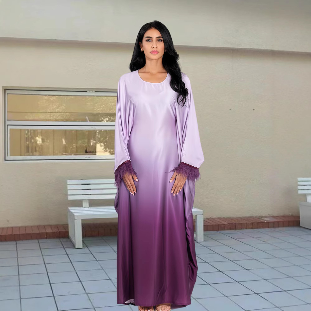Gradient Color Round Neck Women's Tassel Stitching Batwing Sleeve Dress
