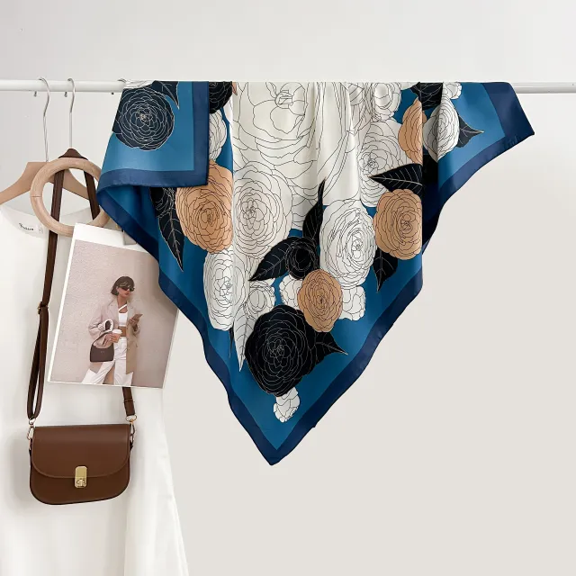 High profile High grade Korean Color Matching Floral Printed Scarf Blue - Shop at LoveMi