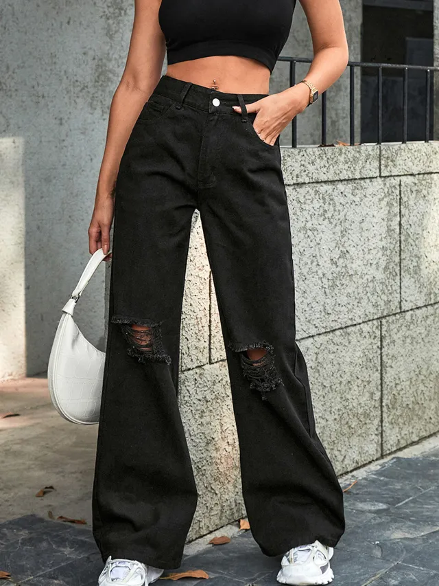 Fashion Holes High Waist Wide Leg Pants Casual Denim Trousers Black - Shop at LoveMi
