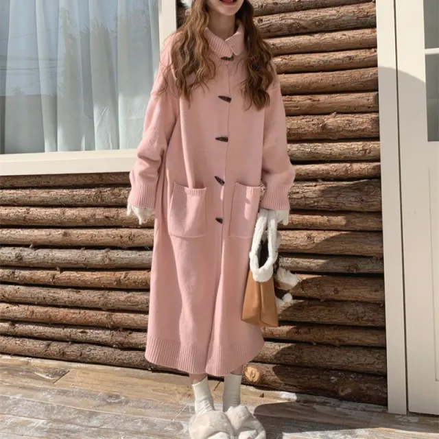 Horn Button Sweater Cardigan Women's Mid length Turn down Collar Coat Pink - Shop at LoveMi