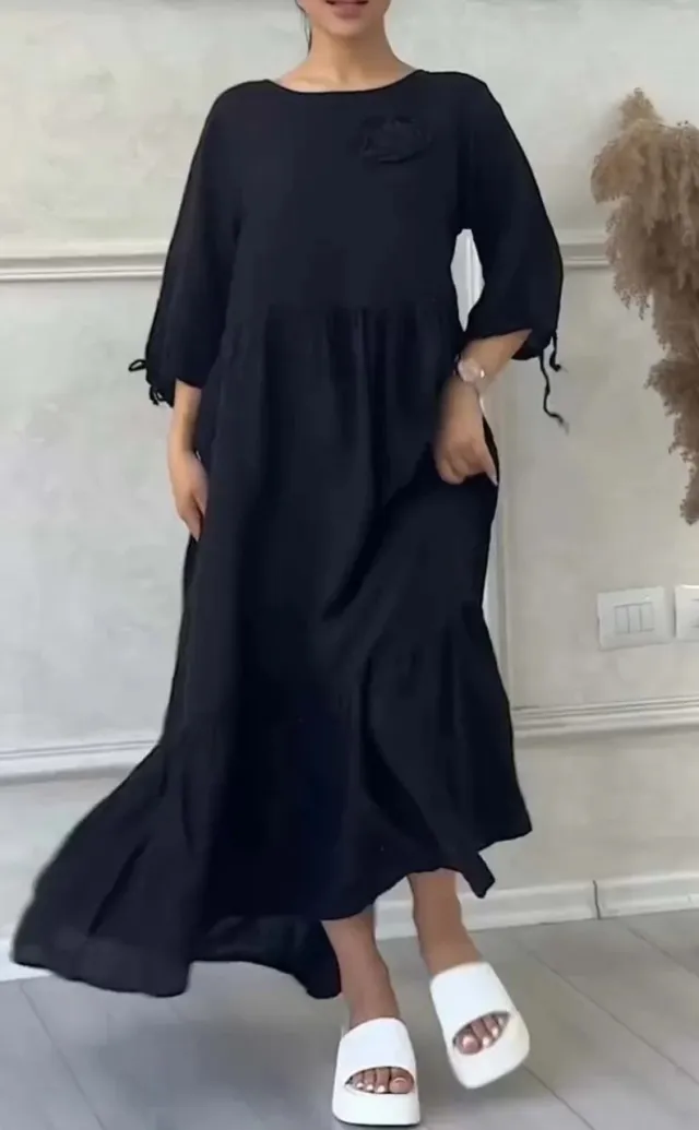 Women's Round Neck Pleated Long Sleeve Casual Dress Black - Shop at LoveMi