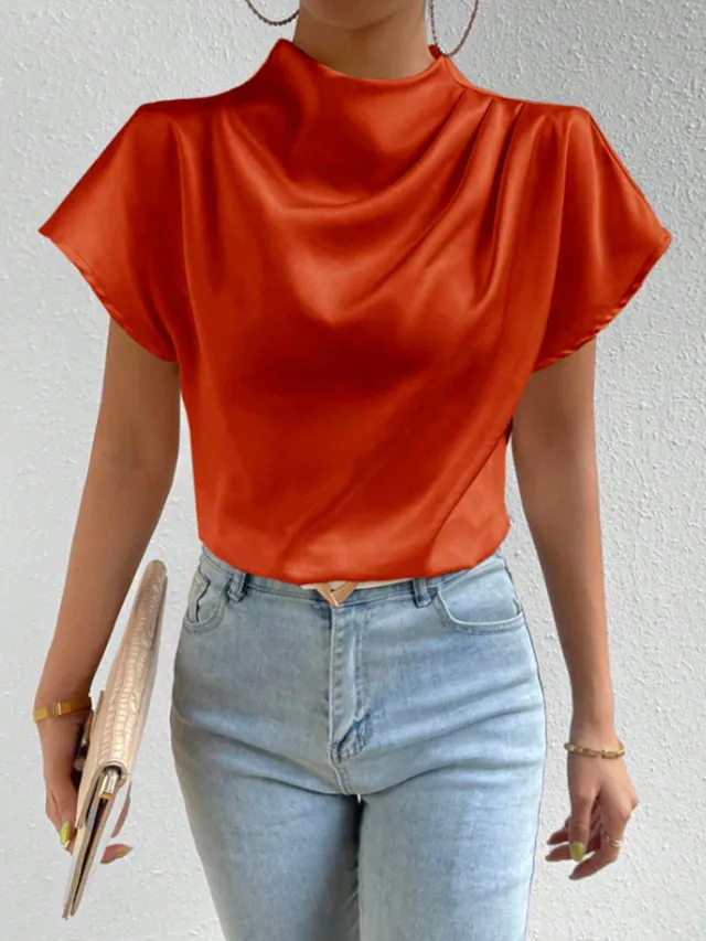 European And American Round Neck Solid Color Temperament Folding Loose Women's Tops Orange - Shop at LoveMi