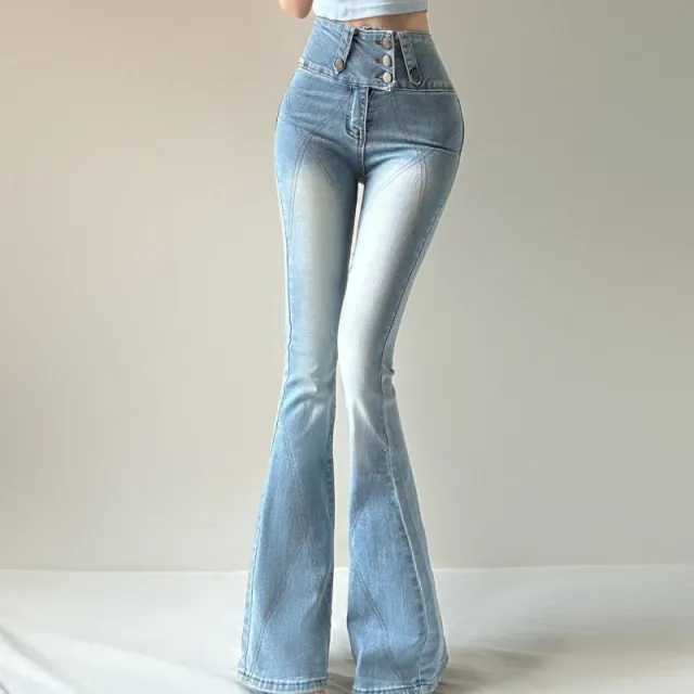 High Waist Retro Light Blue Bell bottom Pants Elastic White Hip Raise Slim Fit Slimming Blue - Shop at LoveMi