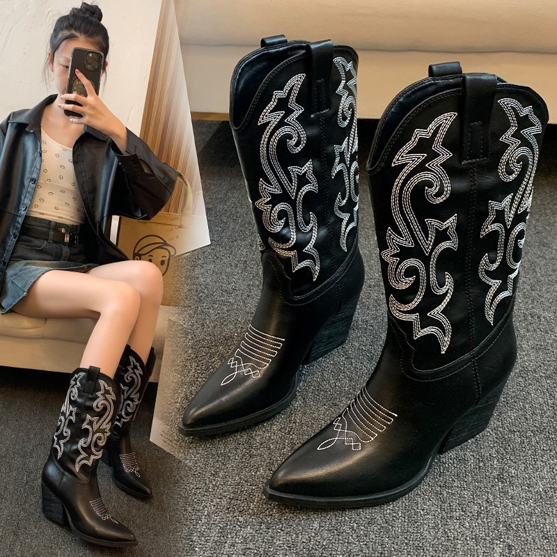 Embroidered Mid-calf Retro Cowboy Boot Women