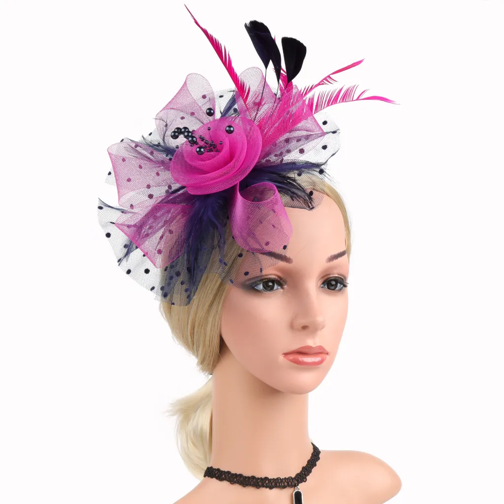 Headwear Bridal Hair Accessories Mesh Billycock Headband - Navy Blue Rose