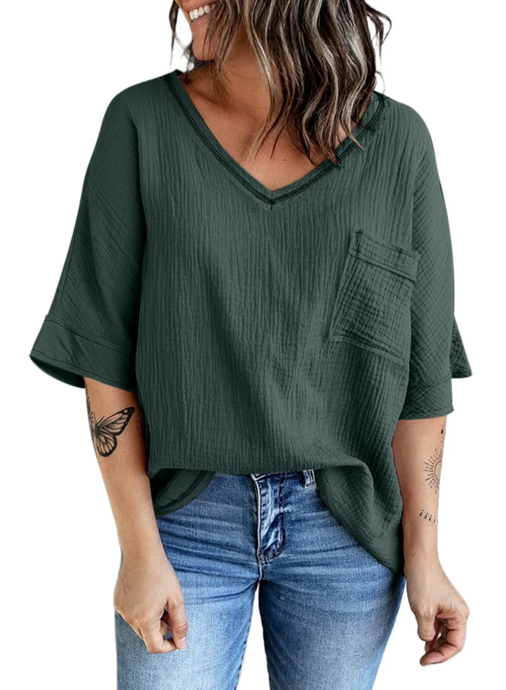 Spring And Summer New Shirt Fashion V-neck Pocket Split Half Sleeve Top For Women Ins - Green