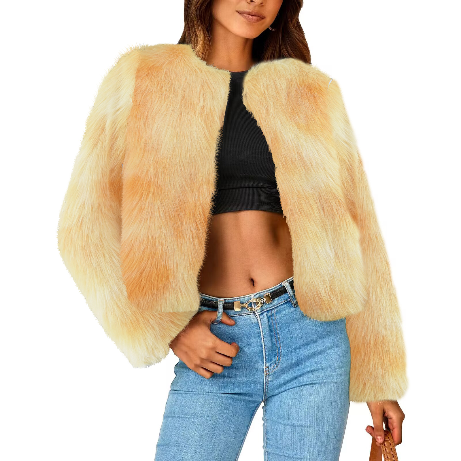 Imitation Fur Autumn And Winter New Toka Crew Neck Coat Yellow - Shop at LoveMi
