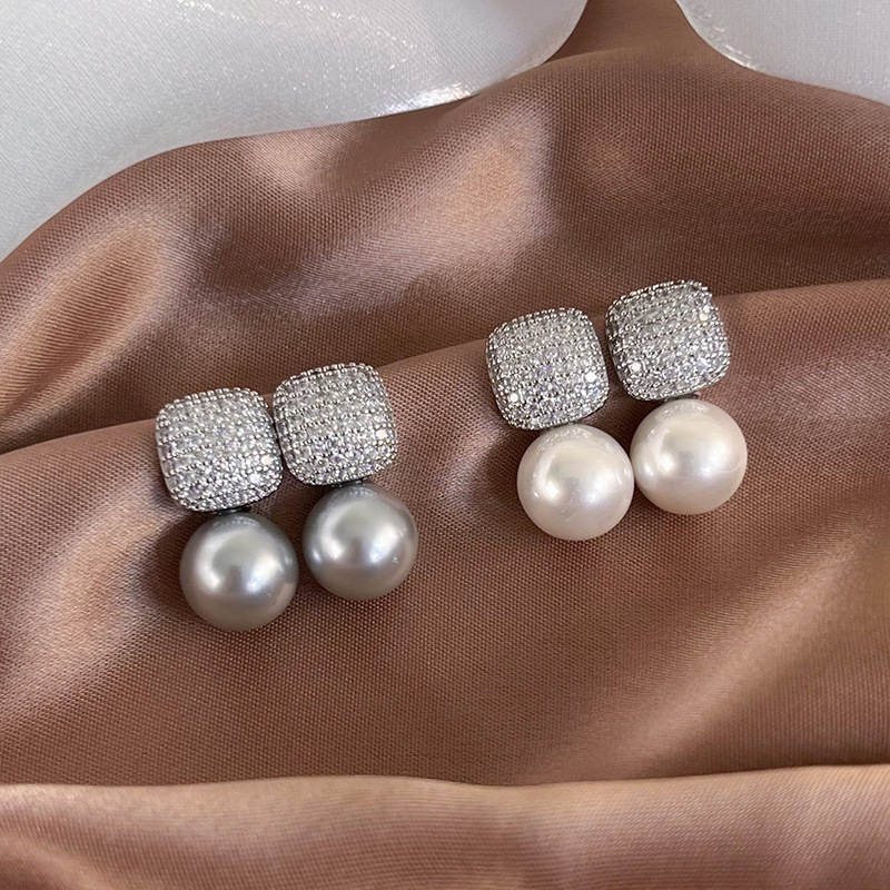 Micro Inlaid Zircon Square Full Diamond Pearl Stud Earrings Make Your Face Look Small