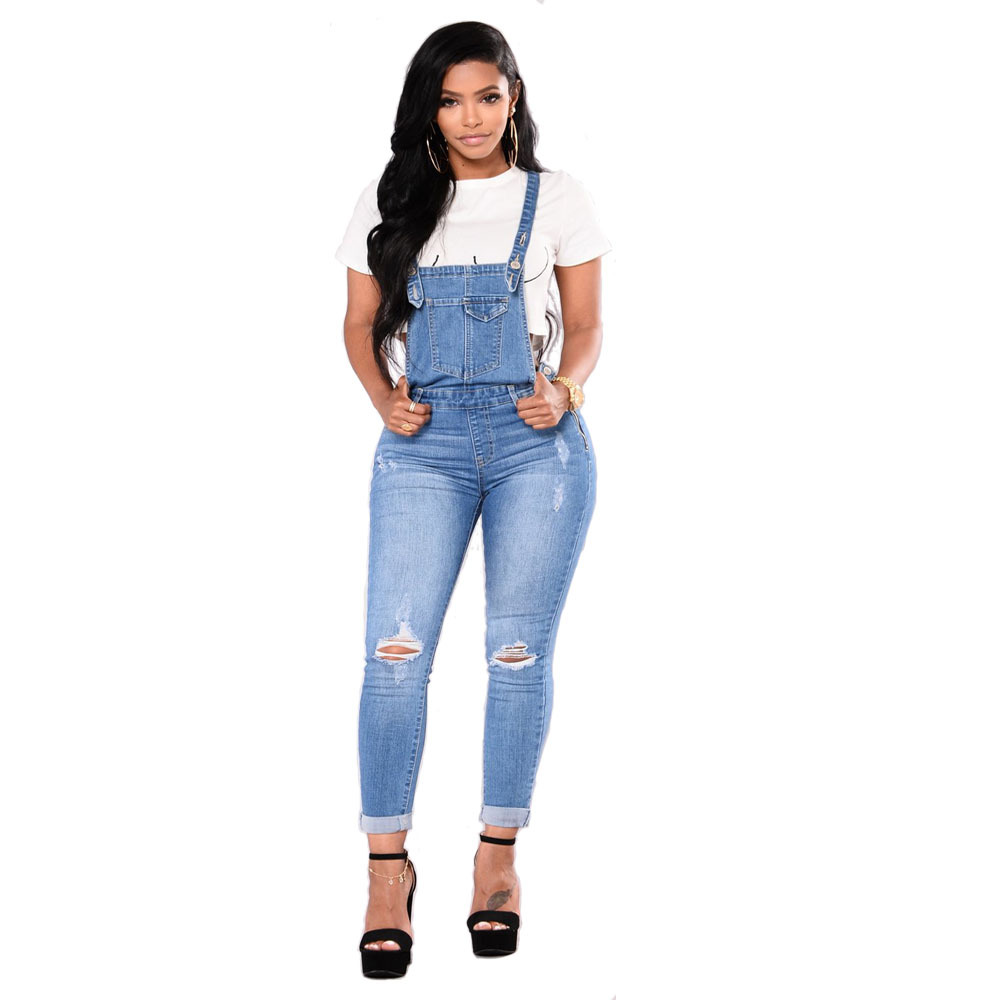 Women's Ripped Denim Suspender Pencil Pants Light Blue - Shop at LoveMi