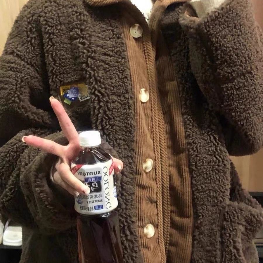 Korean Style Loose Thick Lamb Wool Stitching Corduroy Coat