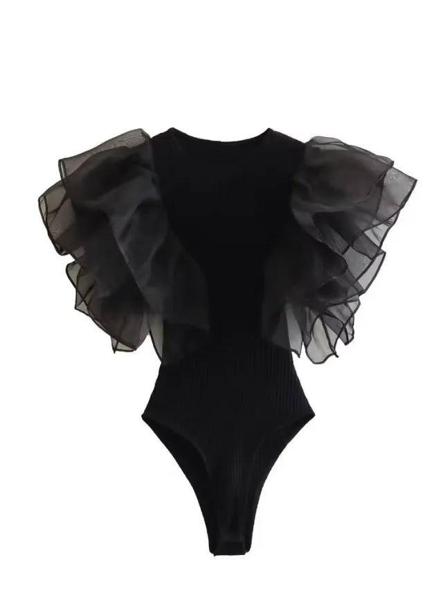 Spring Women's Round Neck Solid Color Organza Top Jumpsuit Black - Shop at LoveMi