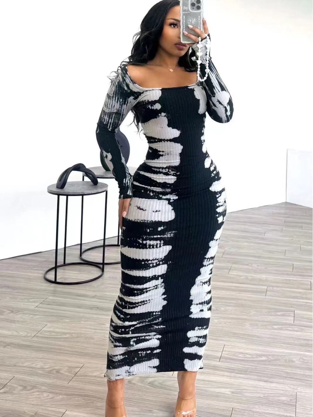 Square Collar Skinny Sheath Maxi Dress