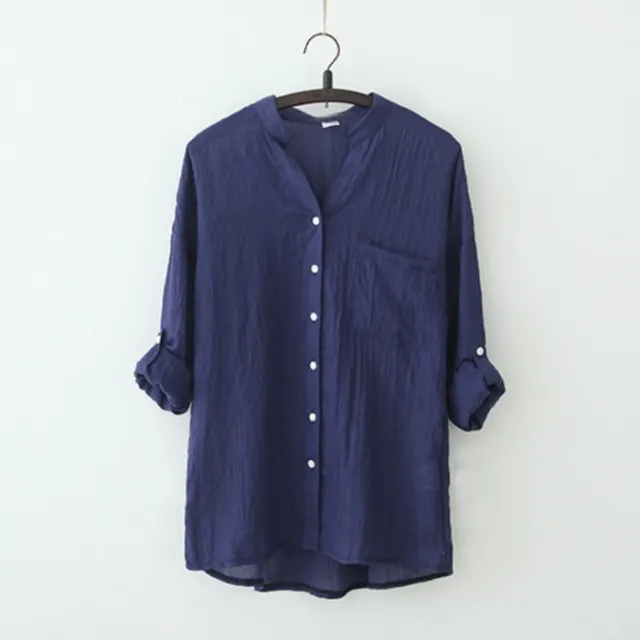 Sun Protection Japanese Fresh Loose Cotton And Linen Stand Collar Shirt Blue - Shop at LoveMi
