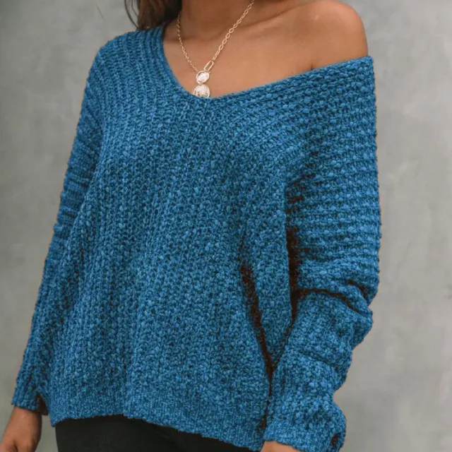 Knitted Hollow Bottom Shirt With Feminine Commuting Style Pullover Blue - Shop at LoveMi
