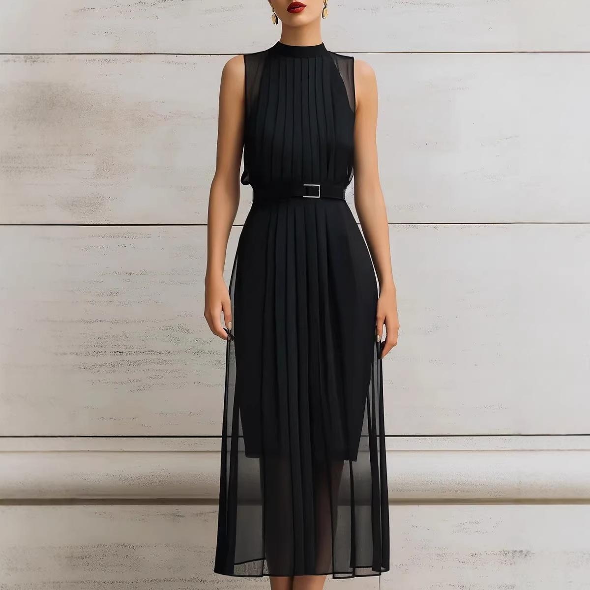 Womens Black Mesh-Panel High-Neck Sleeveless Dress