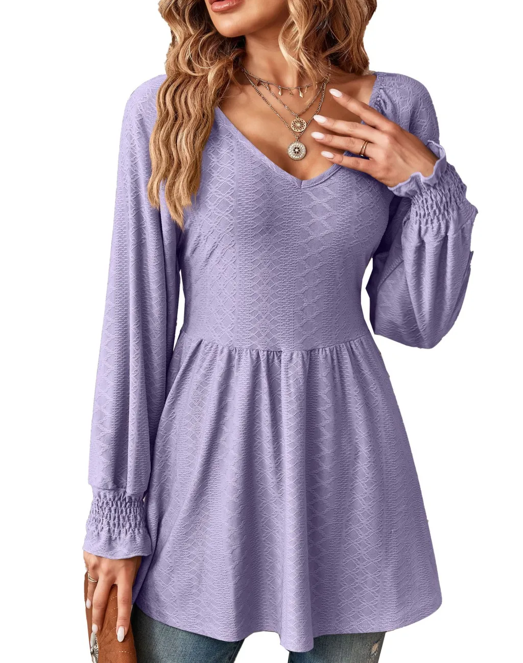 Women's Fashionable Simple V-neck Jacquard Stitching Solid Color T-shirt Long Sleeve Top - Purple
