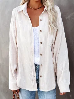 Shirt Solid Colour Polo Collar Sunken Stripe Casual Coat - White - View 1