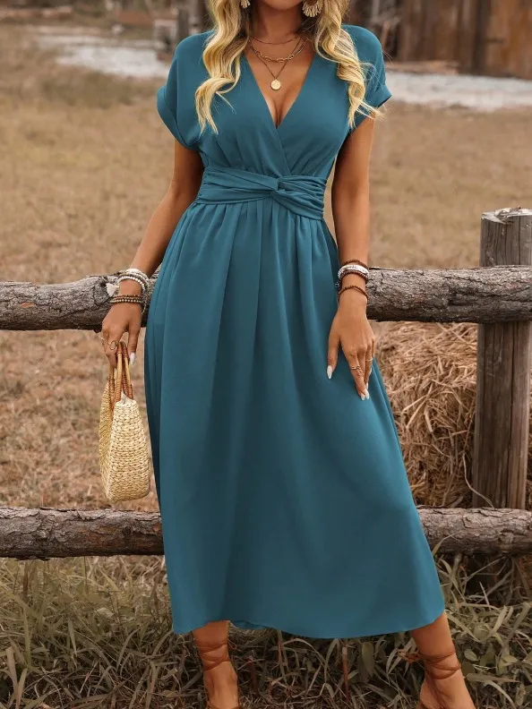 Women's Europe And America Cross Border V neck Pleated Solid Color Waist Dress Color 14 - Shop at LoveMi
