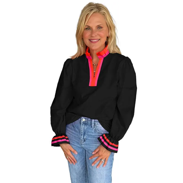 New Ruffled Loose Casual V neck Long sleeved Top Black - Shop at LoveMi