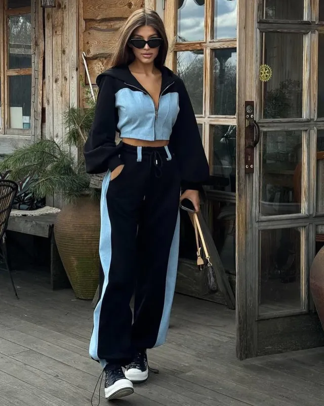 Fashion Casual Sweater Suit Denim Stitching Hooded Top And Trousers Black - Shop at LoveMi