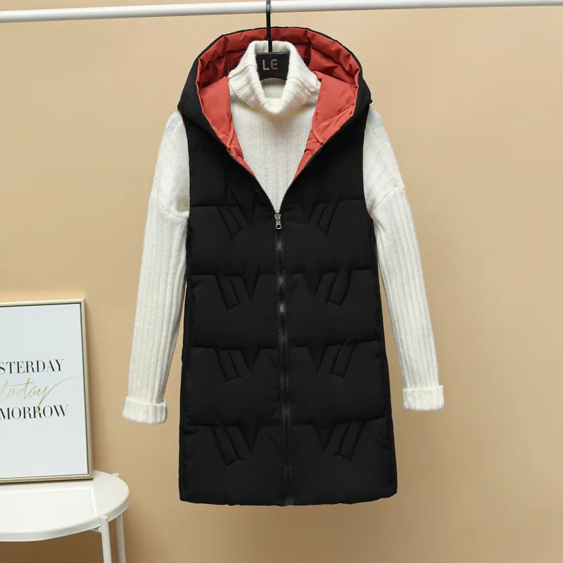 Double-sided Vest Women's Winter Mid-length Vest Korean Style Autumn And Winter Down Cotton Vest Thick Coat - Black
