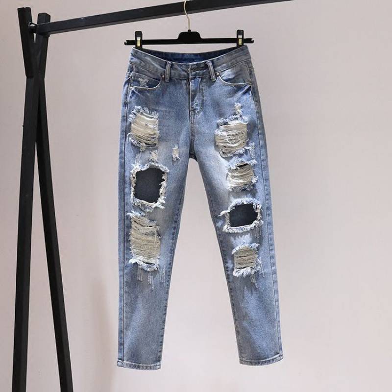 Korean Style All match Social Style Ripped Harem Jeans Women's Pants Loose Wear Mixed Batch 106 Light Blue - Shop at LoveMi