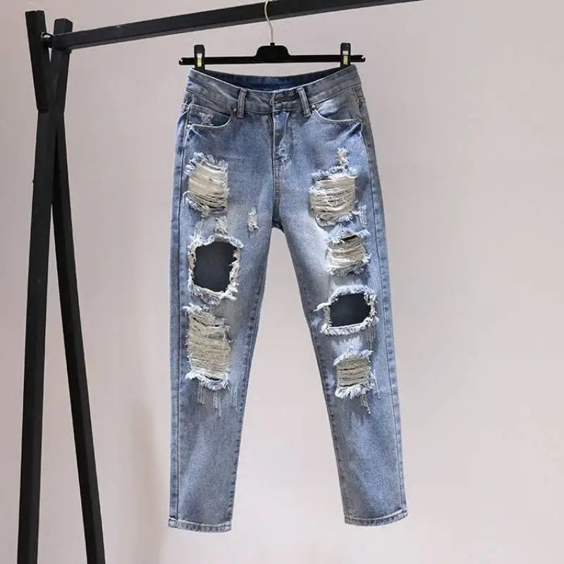 Korean Style All-match Social Style Ripped Harem Jeans Women's Pants Loose Wear Mixed Batch - 106 Light Blue