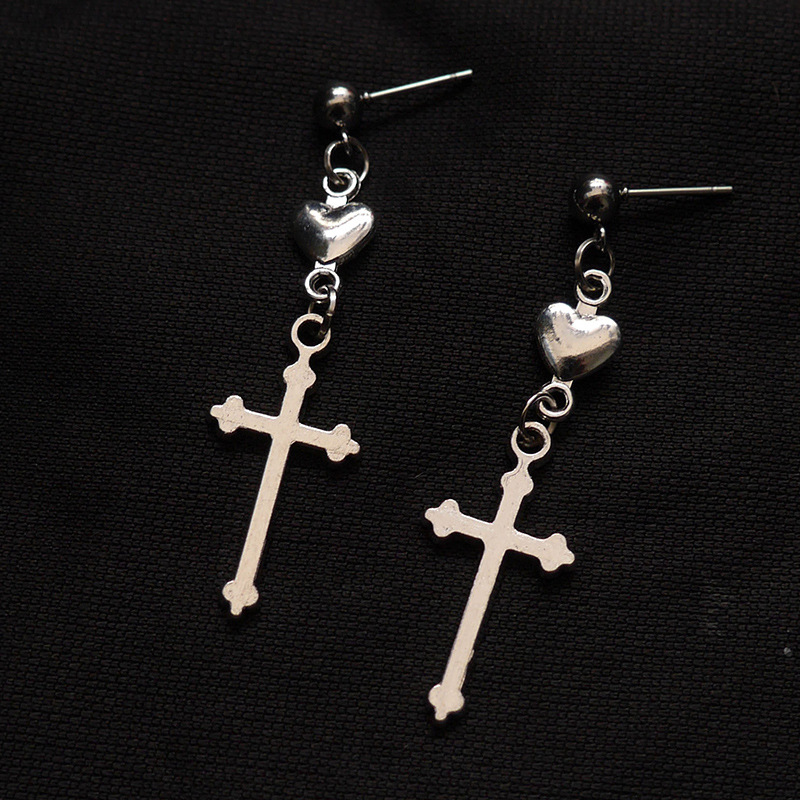 Vintage Cross Love Heart Earrings Dark