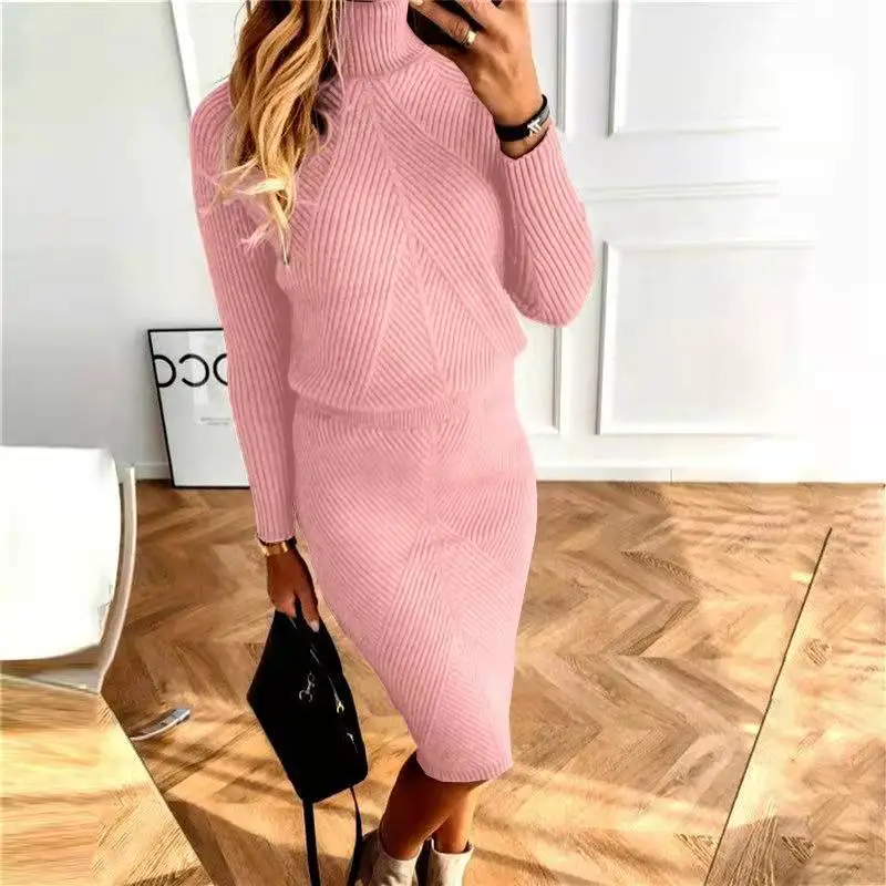 Turtleneck Knitting Solid Color Pullover Sweater - Pink